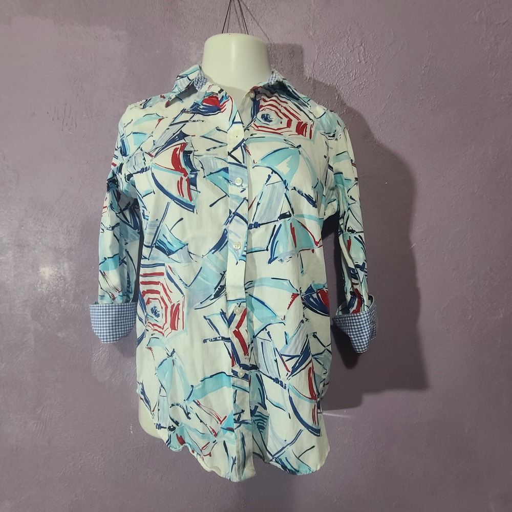 Chaps Button Down Shirt Women Medium M White Blue Red Beach Umbrella No Iron